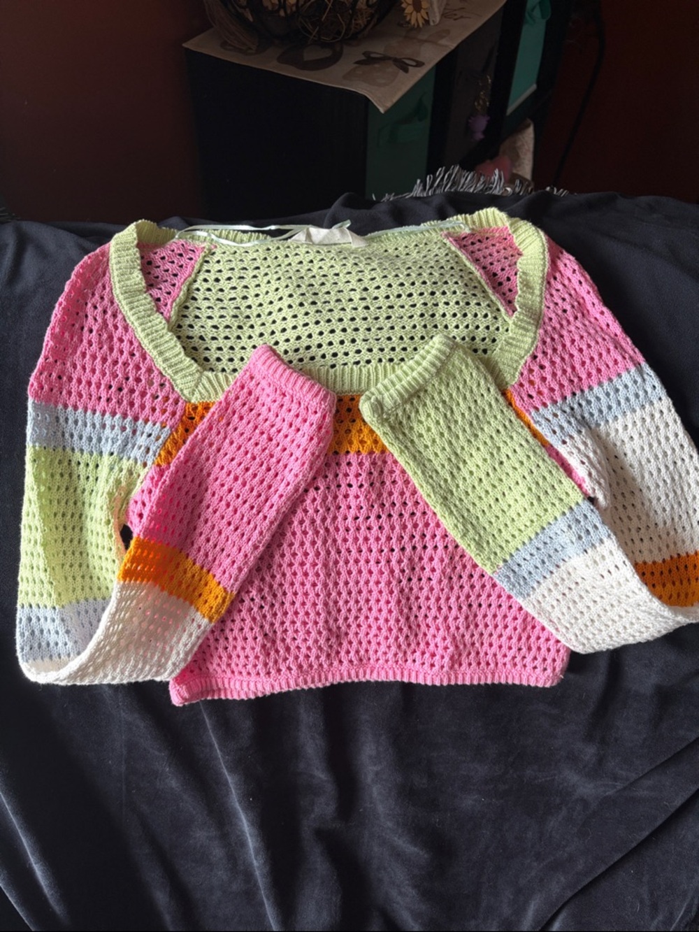 Bluenotes Crochet Colorblock Scoop-Neck Sweater - Pink, Lime & Orange